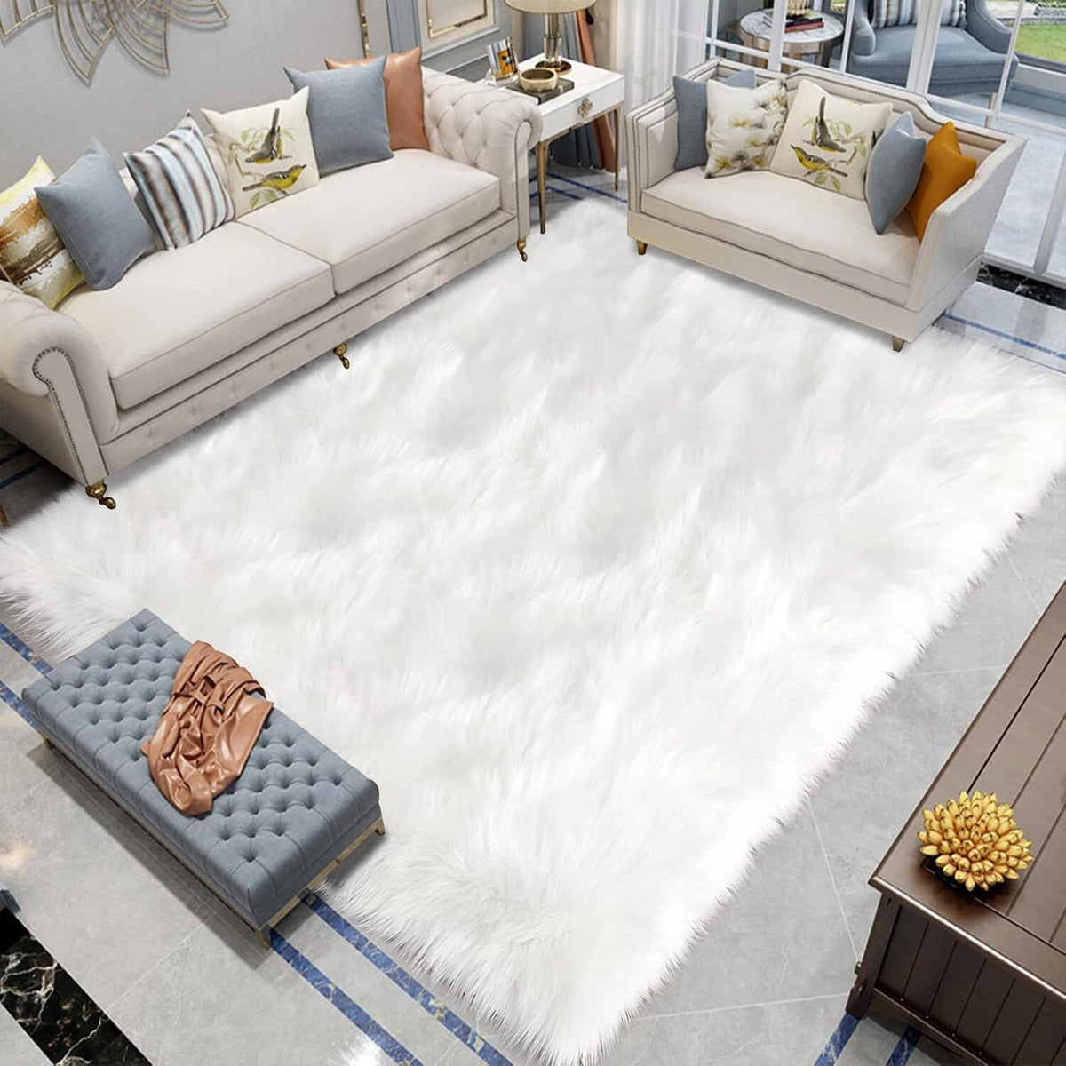 D-L133 LATEPIS Faux Fur Rug Rectangle (White) 6x8