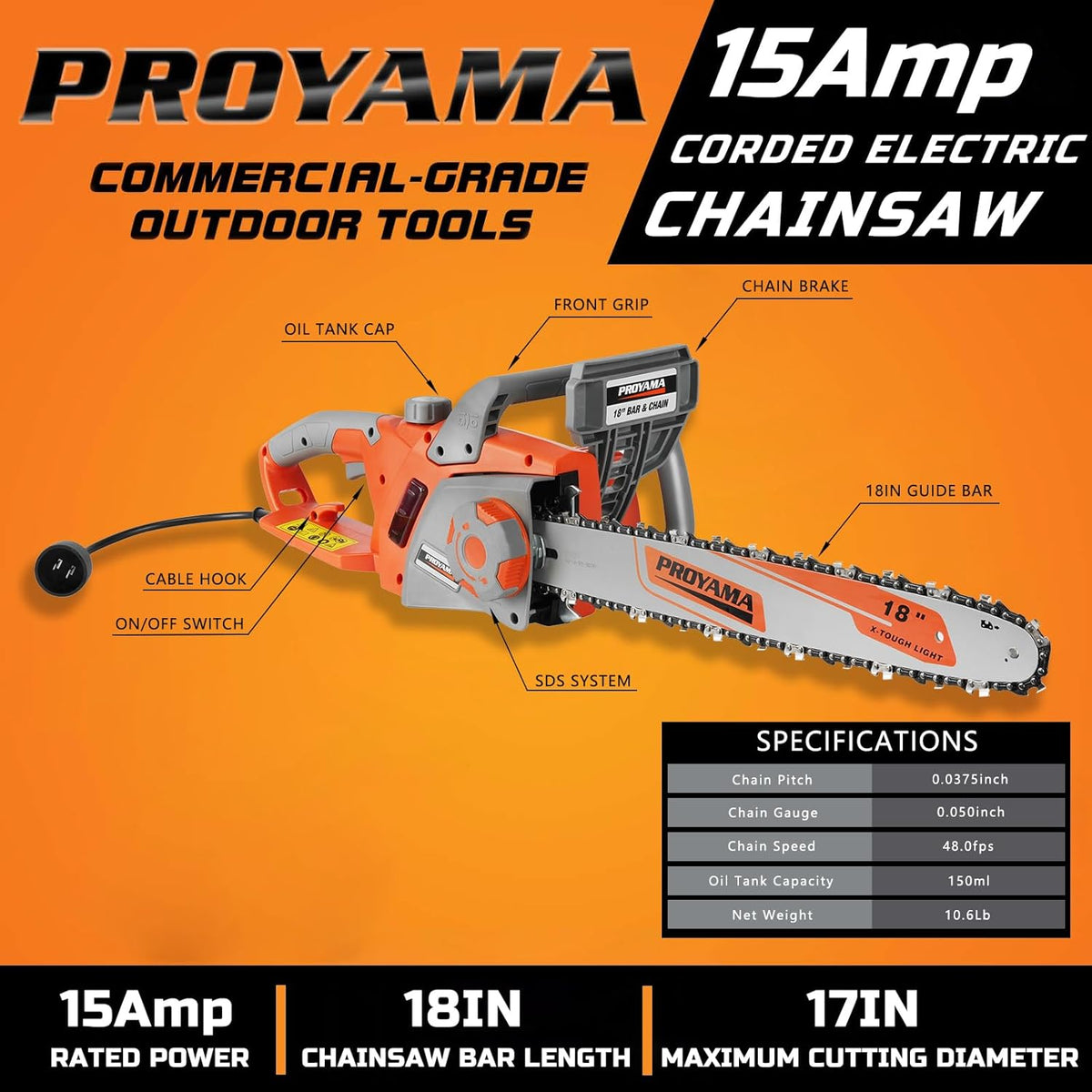 A-L40 PROYAMA Electric Chain Saw 18&quot; Bar 15 Amp Motor PCS18A