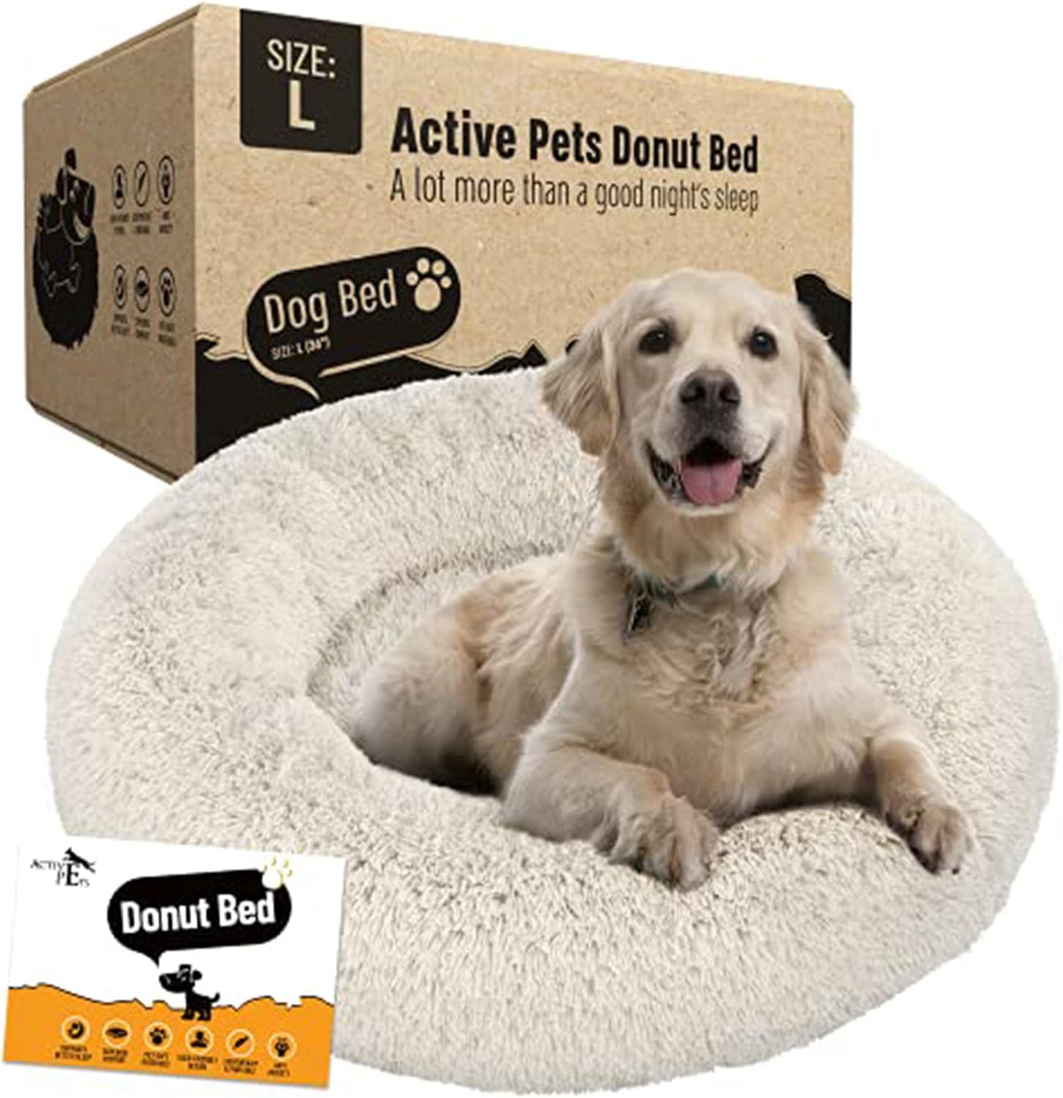 D-L104 Active Pets Plush Calming Donut Dog Bed - Anti Anxiety Bed for Dogs, Soft Fuzzy Comfort - for Large Dogs, Fits up to 100lbs, 36&quot; x 36&quot; (Large, Beige)