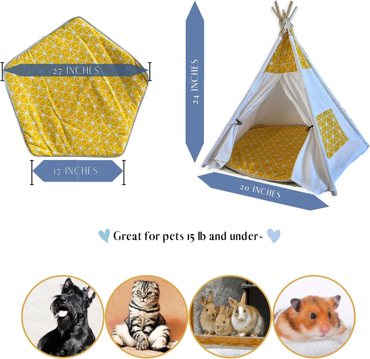 E-L208 POKO LOKO Pet Teepee for Small Dog or Cat (Yellow Trellis)