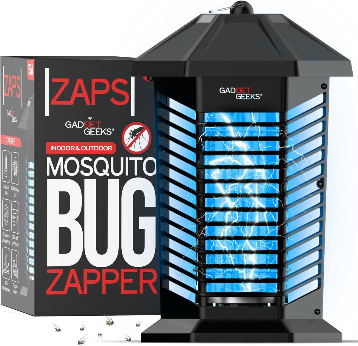 A-L172 GADGET GEEKS Mosquito Bug Zapper Outdoor &amp; Indoor Electric, Mosquito Zapper, Fly Zapper Trap, Mosquito Killer with On Off Switch &amp; 15W Replaceable UVA Bulb, 3500sq ft Large Range