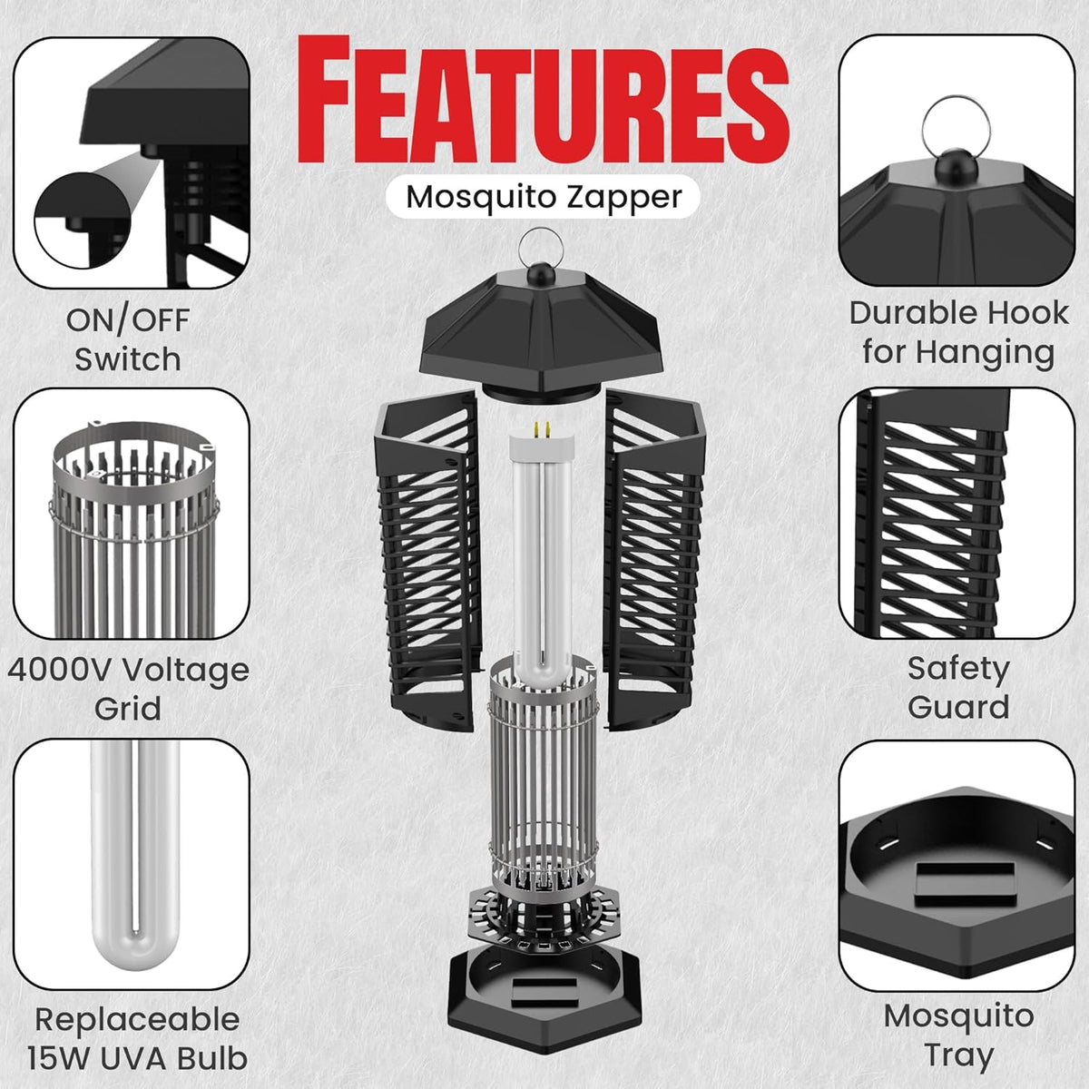 D-L221 GADGET GEEKS Mosquito Bug Zapper Outdoor &amp; Indoor Electric, Mosquito Zapper, Fly Zapper Trap, Mosquito Killer with On Off Switch &amp; 15W Replaceable UVA Bulb, 3500sq ft Large Range