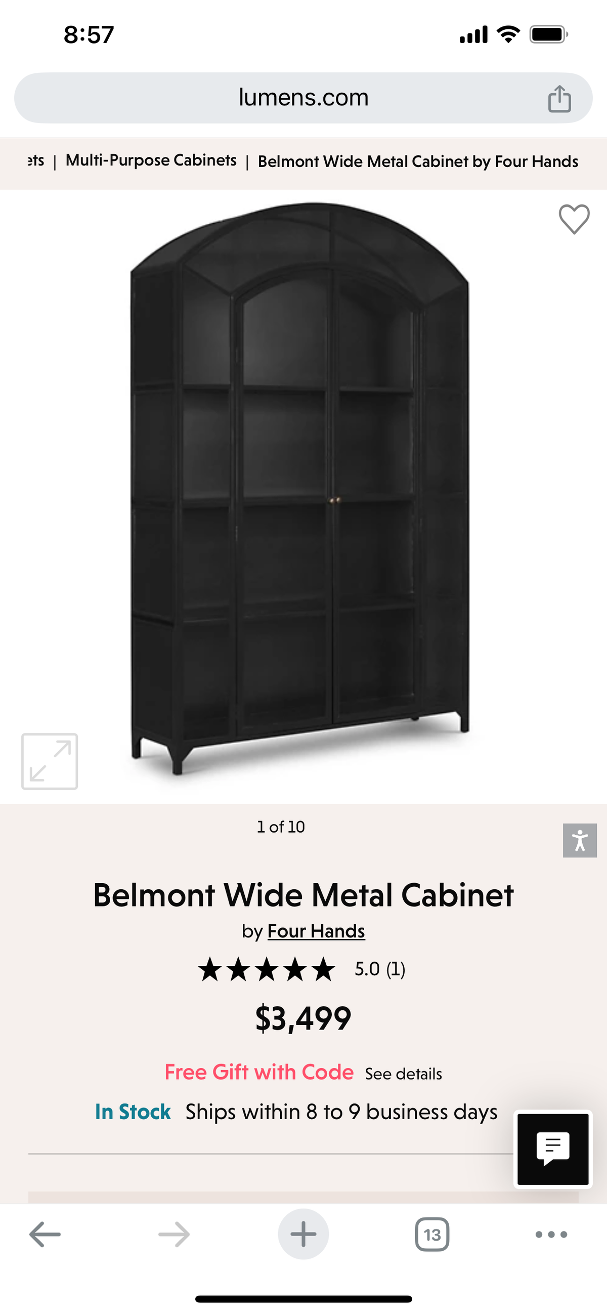 Lot #27 Belmont Wide Metal Cabinet- Black ***4 Panes Of Glass Are Broken***