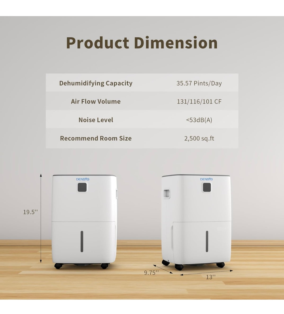 C-L24 DENBIG 35 Pints Dehumidifier For Up To 2,500 Sq.Ft, 1.05 Gal Water Tank