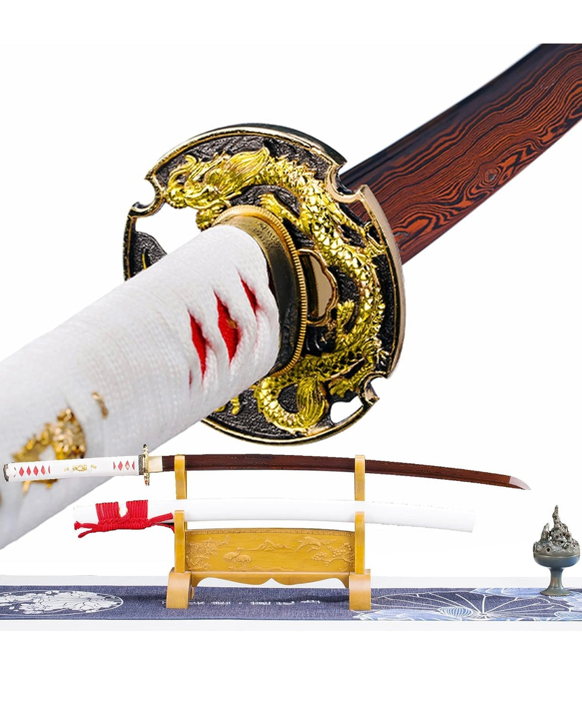 C-L25 OKSs Handmade Japanese Katana Samurai Sword With Real Rayskin Hardwood, (White Golden Dragon Style)