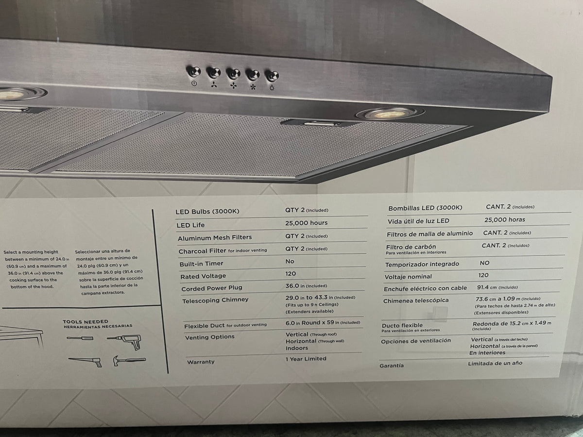 D-L179 Vissani 30&quot; W Convertible Wall Mount Range Hood, Stainless Steel MSRP: $242.49