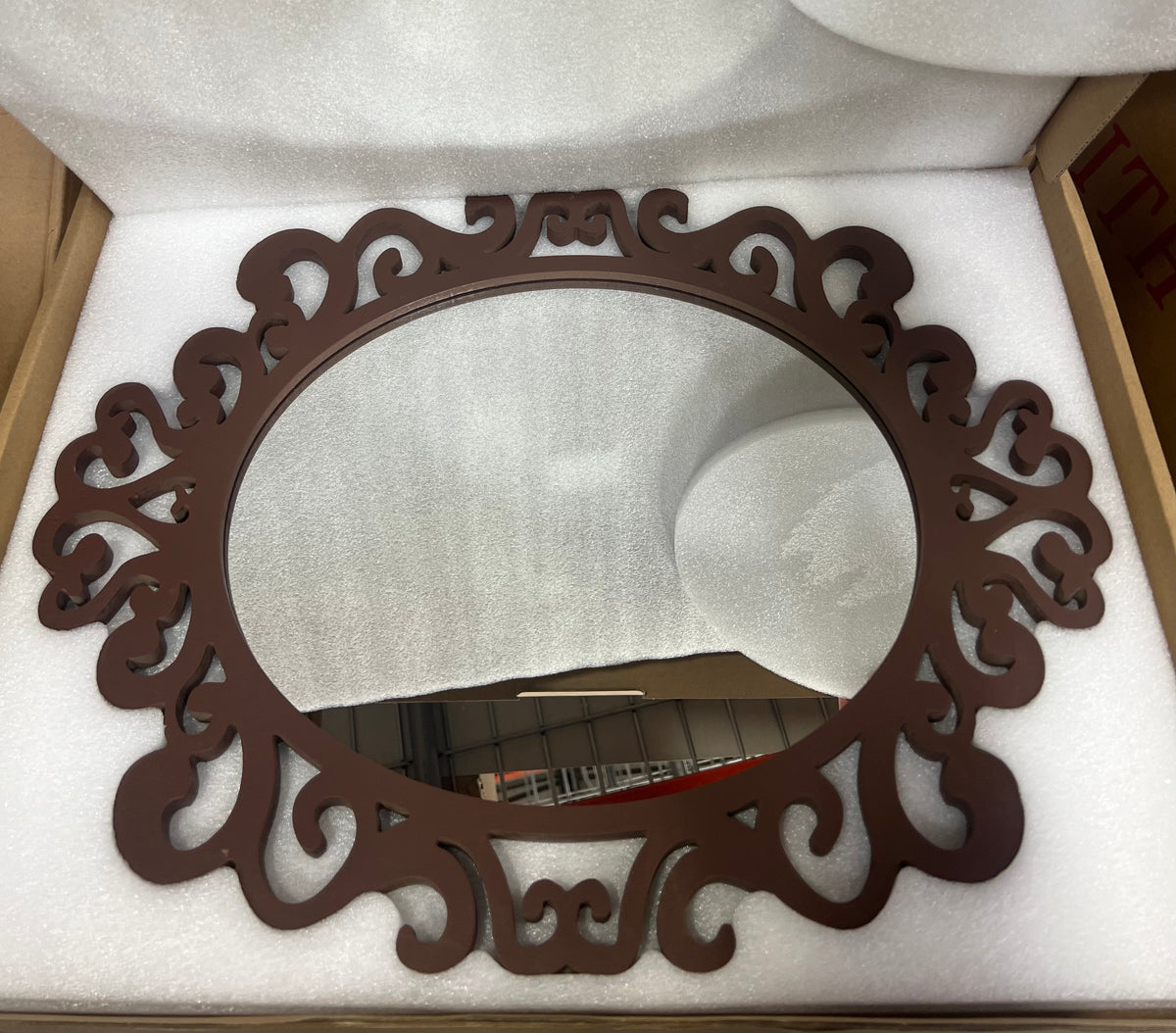 C-L13 AOAOPQ Vintage Carved Circle Wood Framed Mirror, 20x16&quot; (Brown)